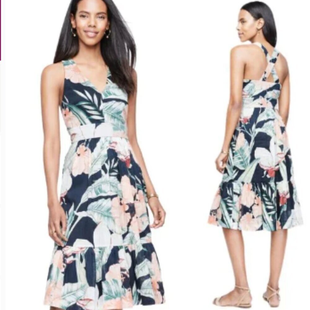 Ann Taylor Navy Pink Island Floral Sleeveless Cross Back Tropical Dress Size 6 - Picture 8 of 9